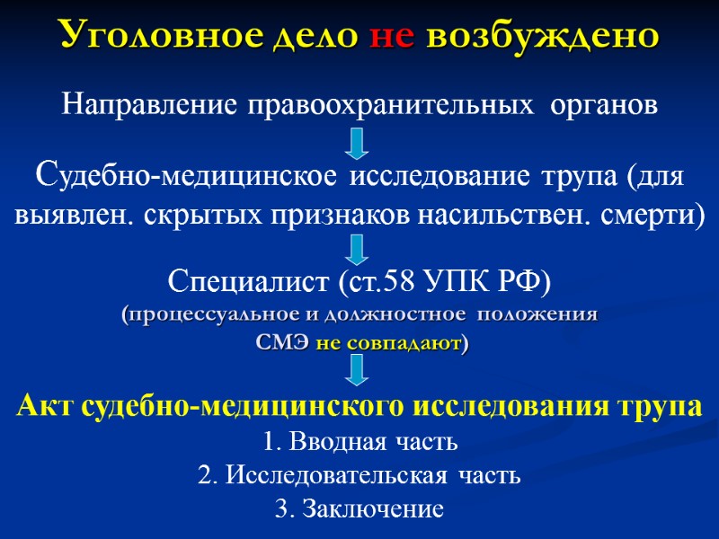 Уголовное дело не возбуждено  Направление правоохранительных  органов  Судебно-медицинское исследование трупа (для